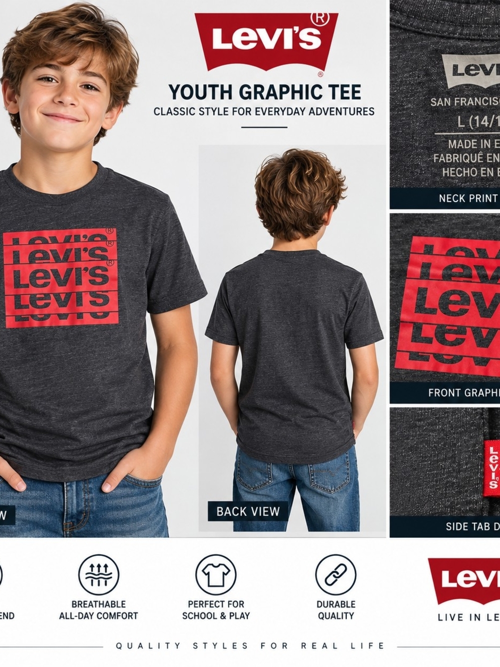 Levi's Boys Charcoal Heather Tee with Red Logo Graphic